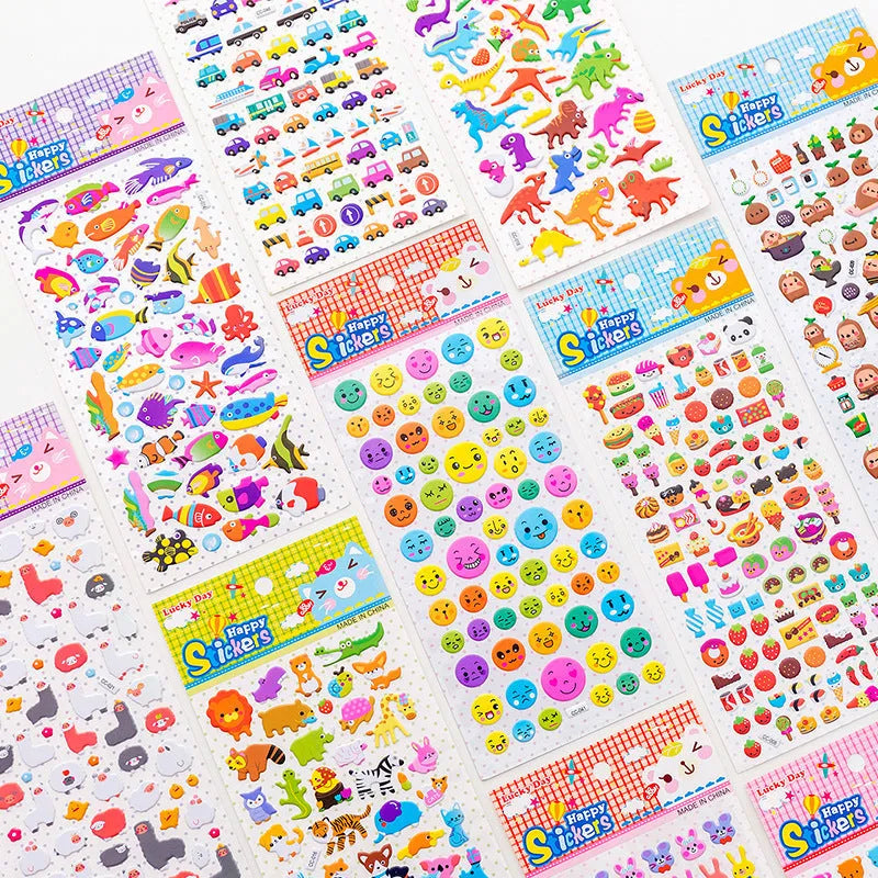 Pack of colourful 3D bubble stickers showing raised cartoon designs of an alpaca, cat, dinosaur, and sweetheart motifs.