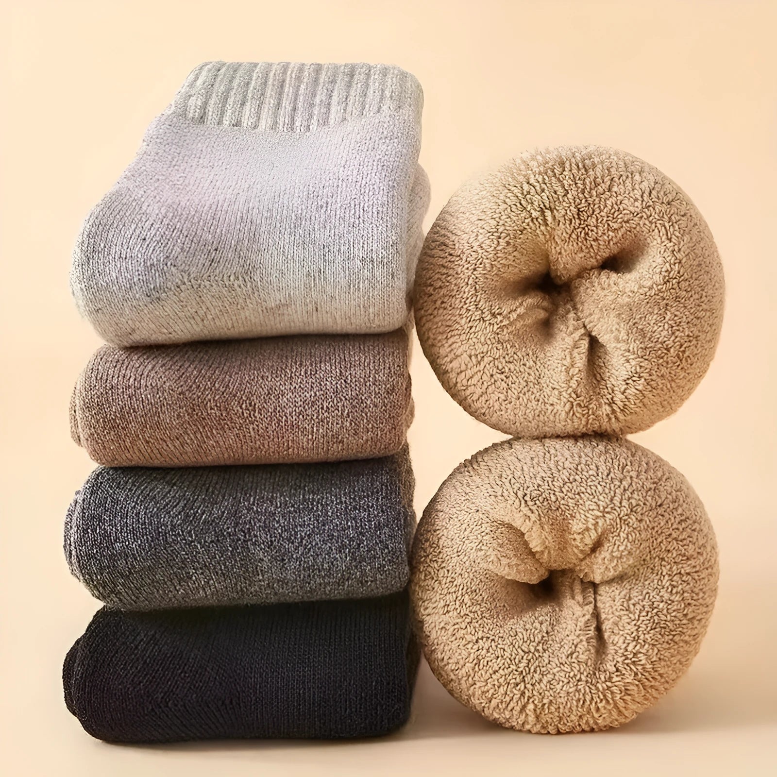 Pair of minimalist solid-colour wool socks showcasing the thick knitted merino wool midsole on the sole.