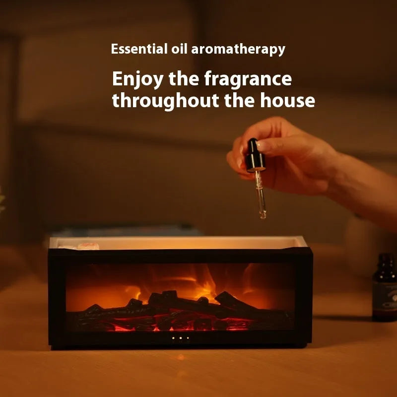 Square desktop flame aromatherapy diffuser with realistic fire effect and 7-colour mood light base.