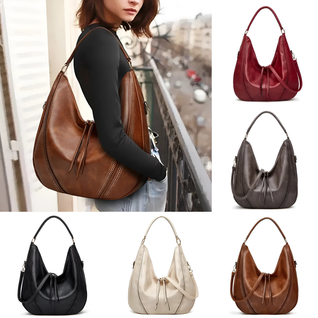 Retro large capacity PU tote shoulder bag with tassel hollow detailing and zipper closure in white