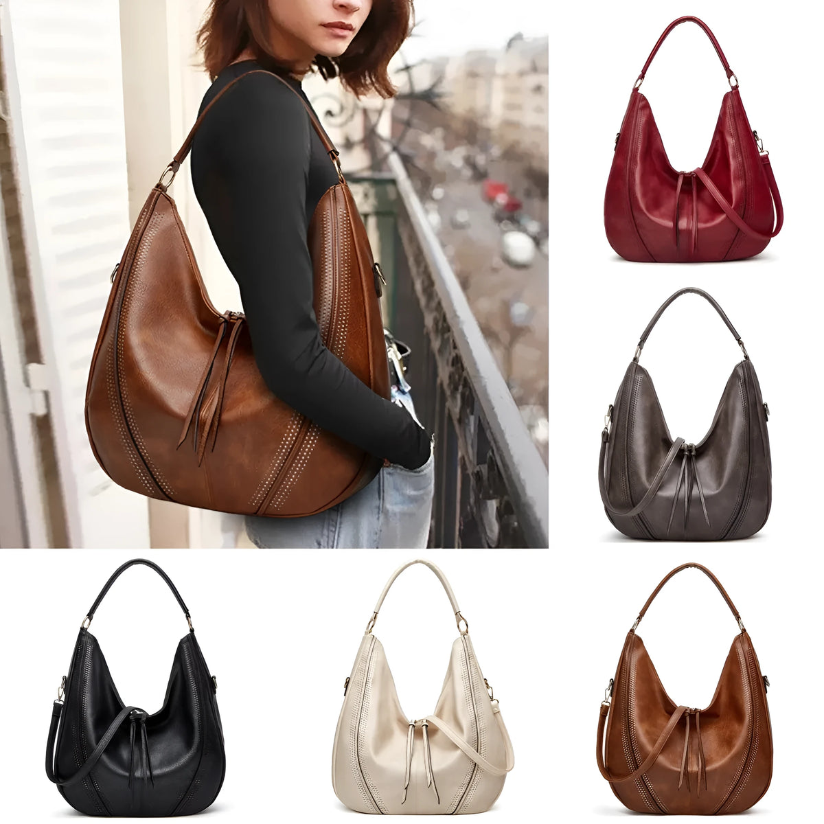 Retro large capacity PU tote shoulder bag with tassel hollow detailing and zipper closure in white