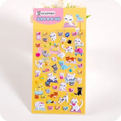 Pack of colourful 3D bubble stickers showing raised cartoon designs of an alpaca, cat, dinosaur, and sweetheart motifs.
