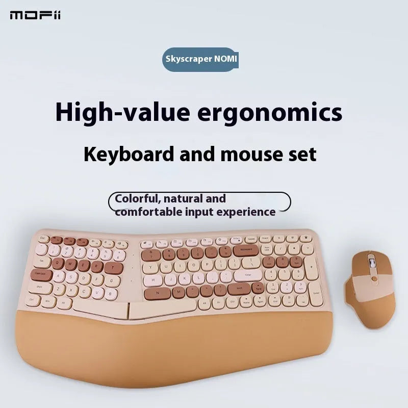 Ergonomic wireless keyboard and mouse set with wrist splint, waterproof veneer, blue milk tea purple mixed colours