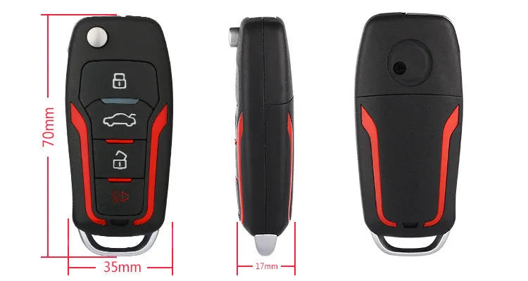 Red and frosted black one-way remote control car alarm unit with two remotes for vehicle security.