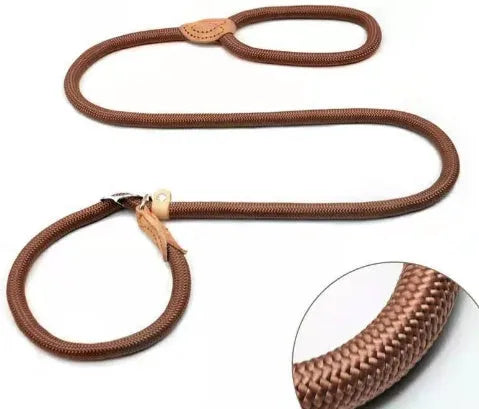 Brown nylon dog leash with hand holding rope and P chain attachment