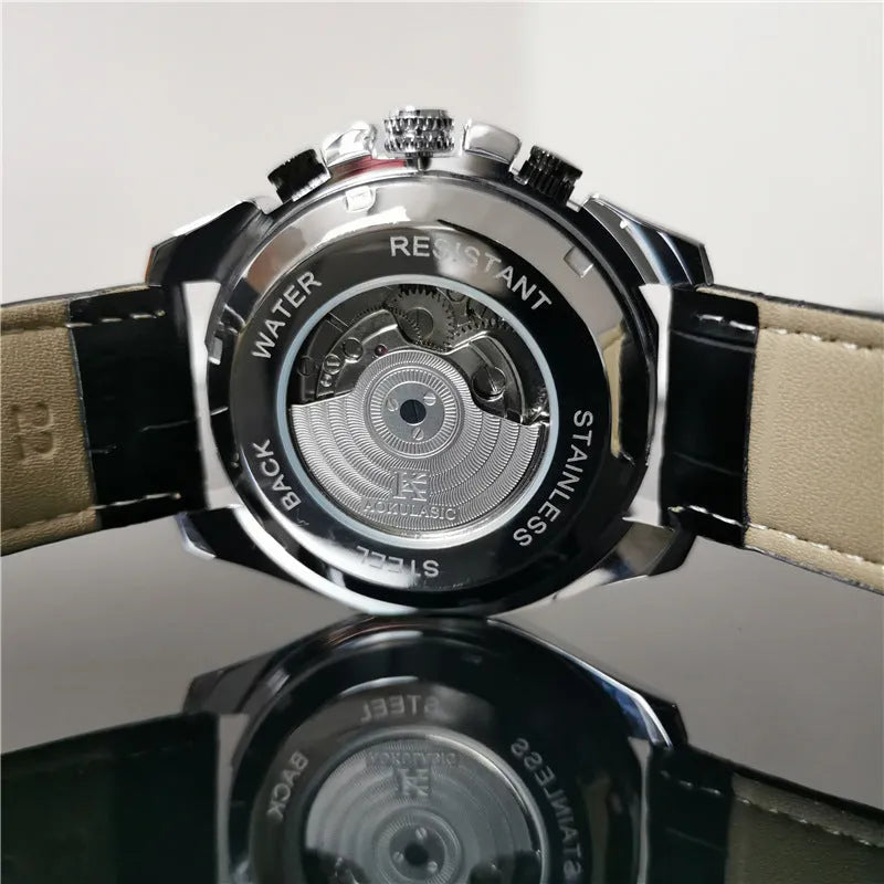 Men's automatic mechanical watch showing various colour options including black steel case and silver case with white dial.
