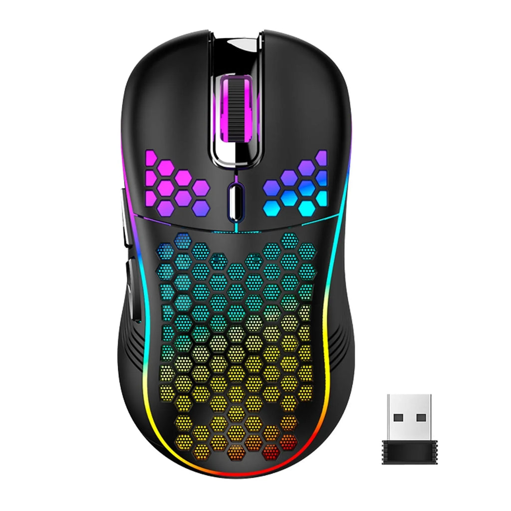 Hole hollow-out luminous wireless gaming mouse in black, with self-charging and 2.4G USB connection