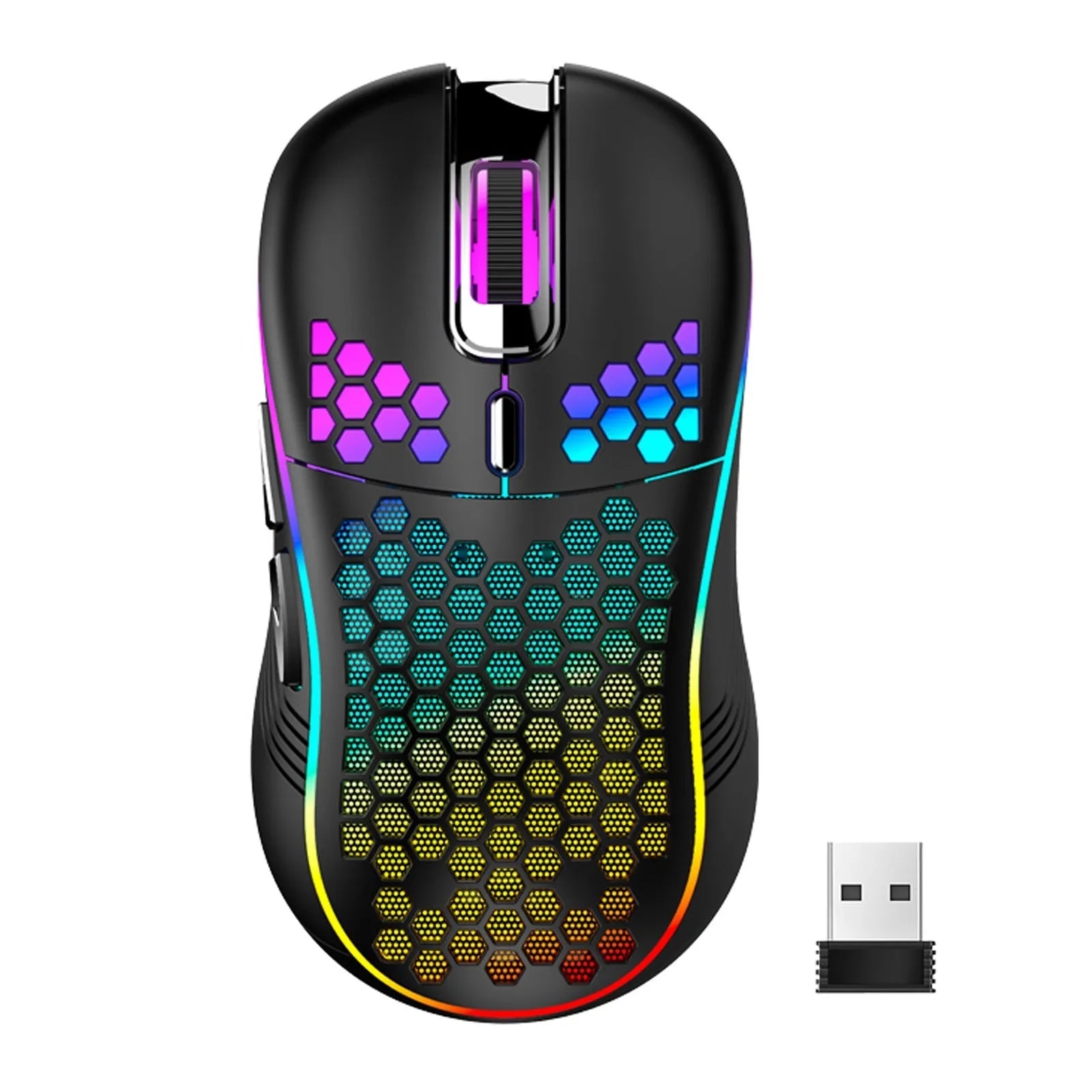 Hole hollow-out luminous wireless gaming mouse in black, with self-charging and 2.4G USB connection