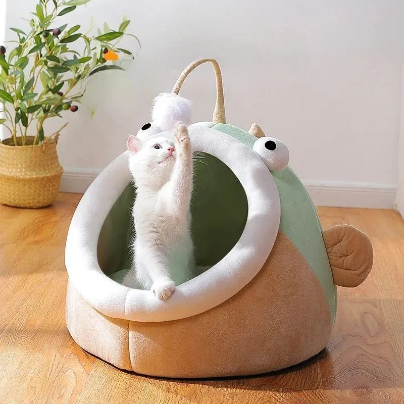 Grey semi-closed cat house with deerskin velvet interior in medium size
