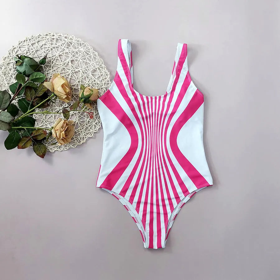 Pink and white striped one-piece swimsuit for women with digital printing on front and back.