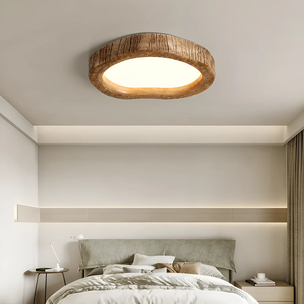 Wood grain finish Chinese style ceiling lamp in a bedroom setting.