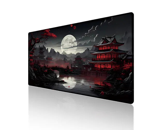 Large black anime-themed gaming mouse pad with non-slip rubber base on a wooden desk.