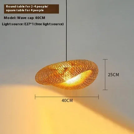 Bamboo woven straw hat-shaped hanging pendant lamp with warm white light.