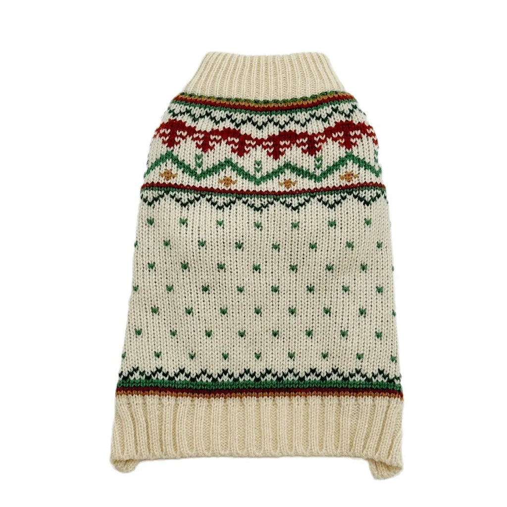 Fairisland beige dog sweater with green dots in five sizes for small to medium pets