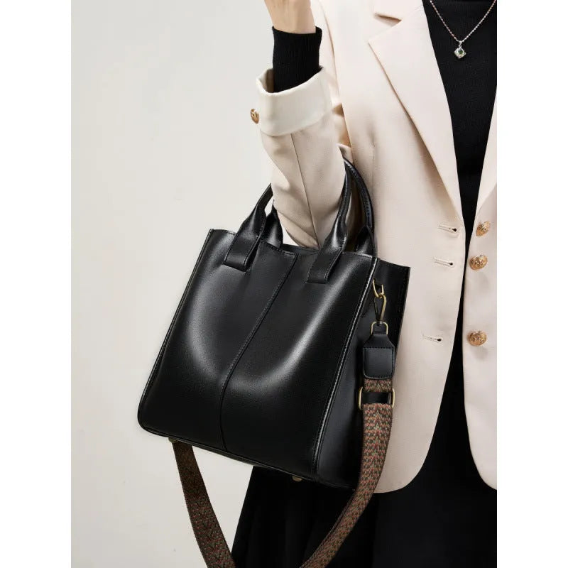 Women's genuine leather large capacity tote bag in urban simplicity style with splicing details