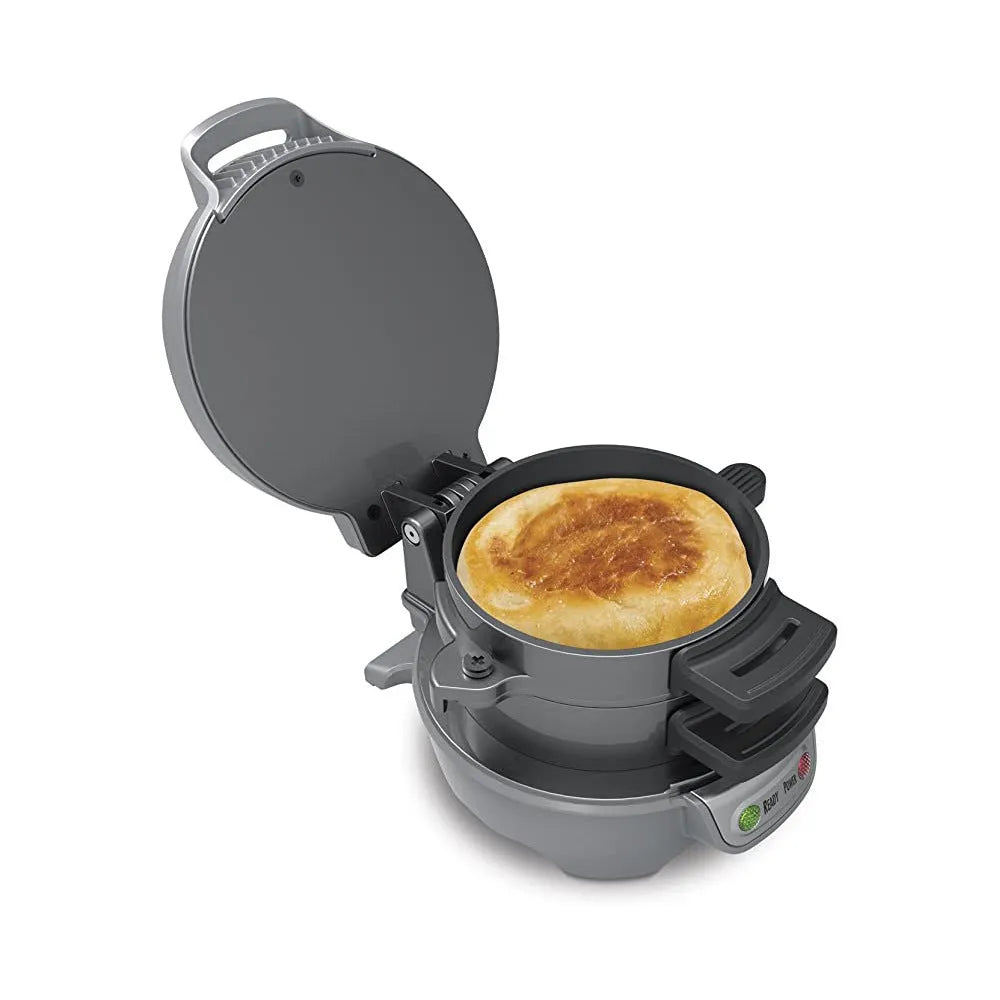 Household breakfast machine with egg cooker ring and sandwich maker in red orange grey colours