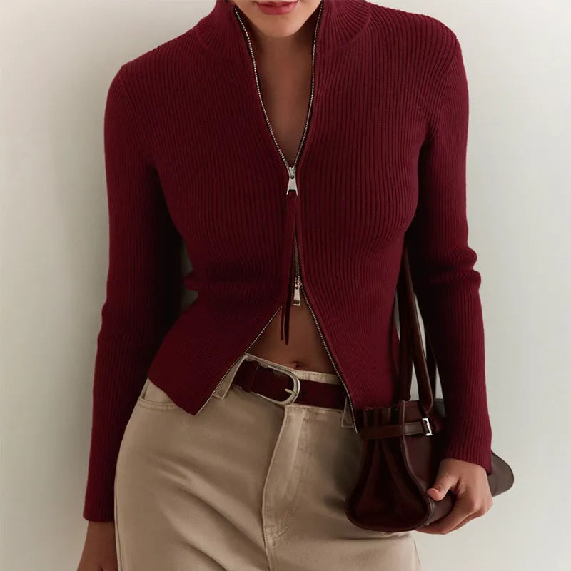 Women's zipper slim fit stand collar top in viscose fibre, available in five colours, sizes S to L, for street fashion layering