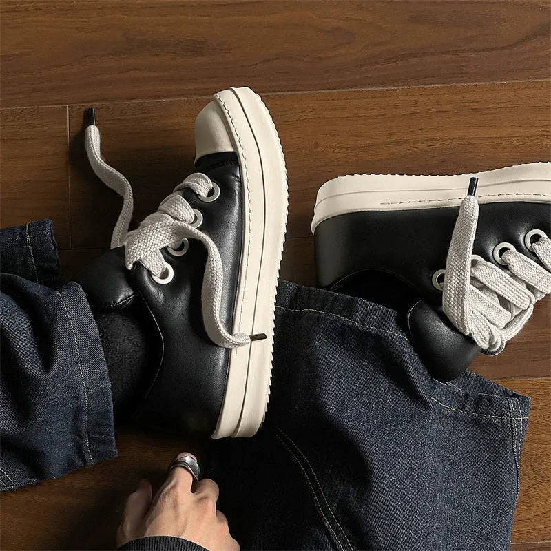 Black men's slip-on casual leather shoes with front lace-up and rubber soles