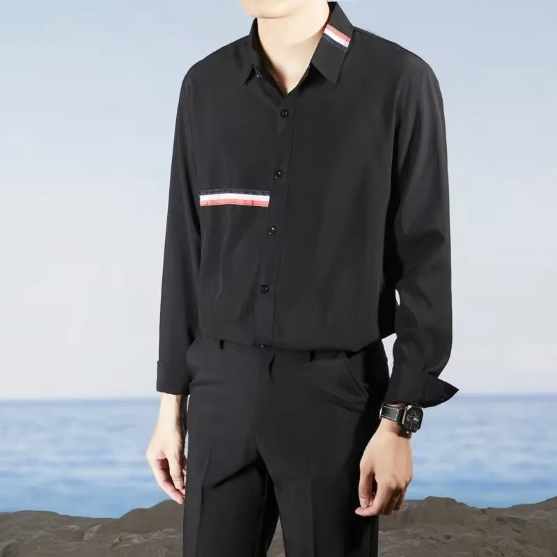 Hong Kong style loose fit cardigan shirt in cotton blend fabric with non-ironing technology