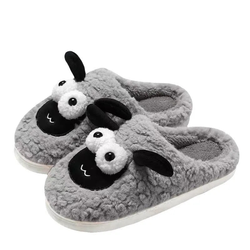 Brown, grey and white lambswool suede slip-on slippers with a sewn PVC sole.
