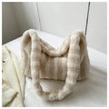 Large-capacity striped plush tote shoulder bag for women in winter, available in multiple colours