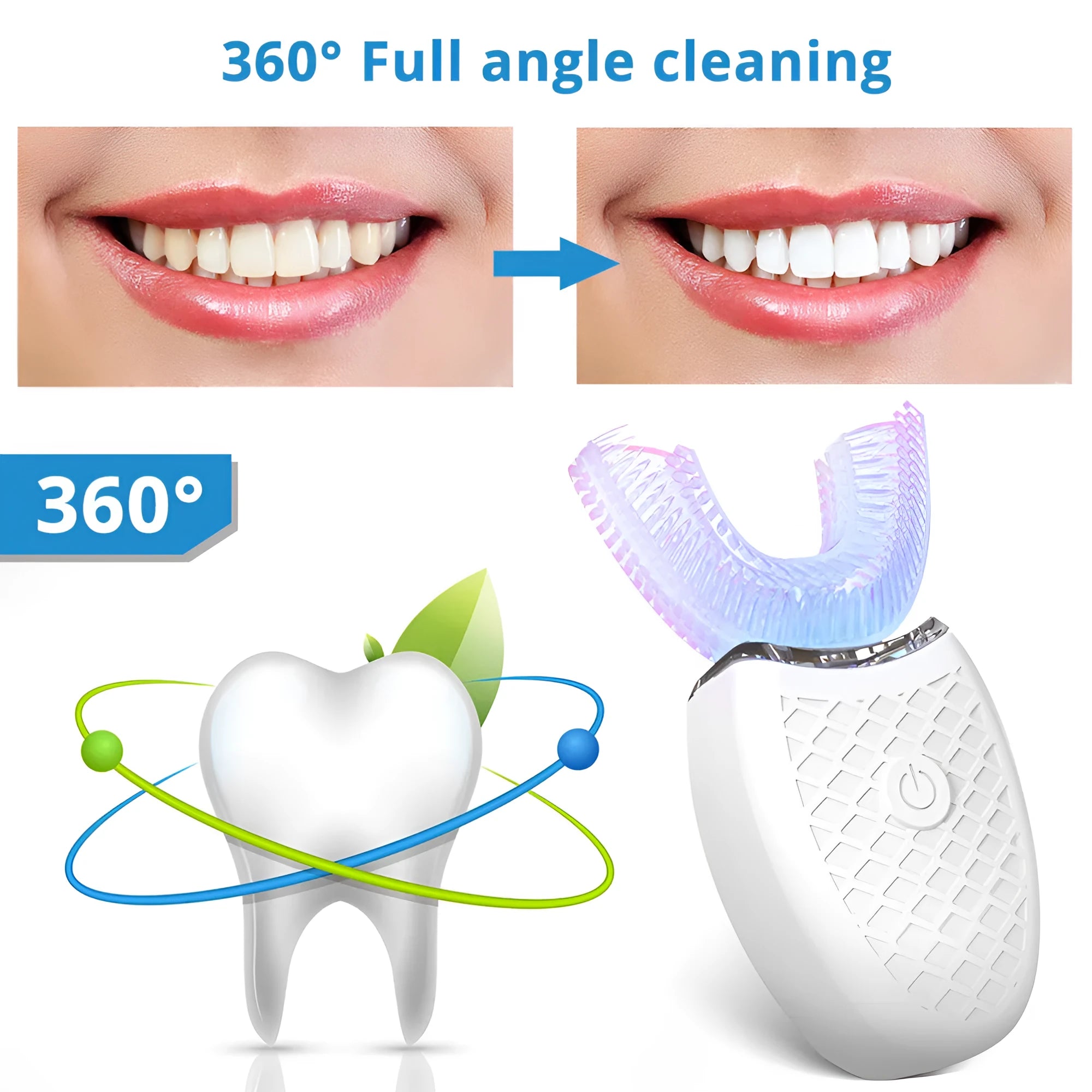 U-shaped electric toothbrush with silicone head, ABS body, and IPX7 waterproof design in blue