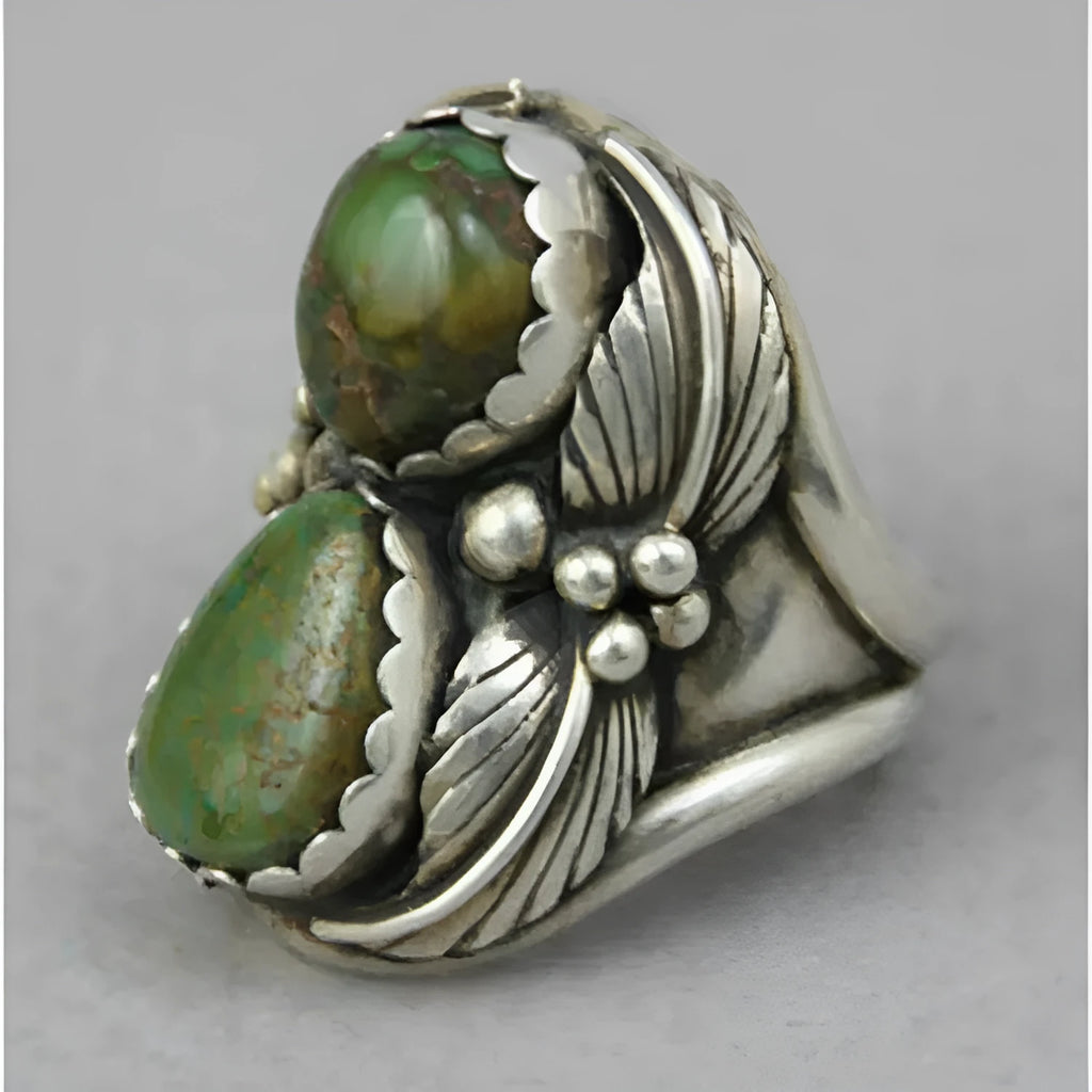 Turquoise geometric alloy ring with retro inlaid design for women, showing five available sizes