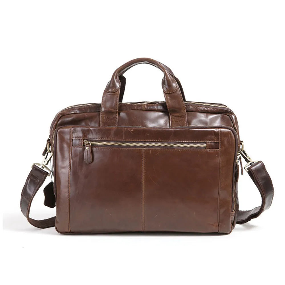 Brown leather business briefcase with pattern finish, 18-inch size for laptops and documents