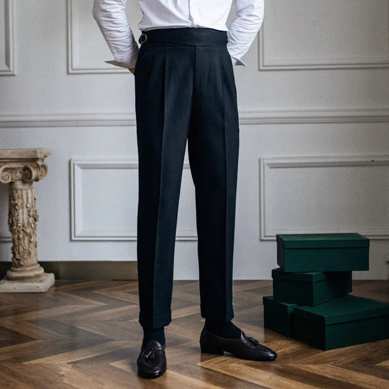 Men's high waist straight leg casual polyester trousers in black, shown laid flat.