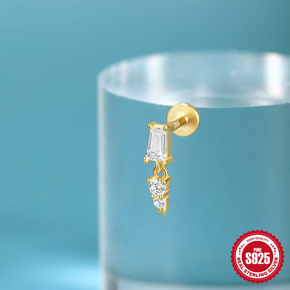 S925 sterling silver ear stud with gold electroplated finish and inlaid tassel design