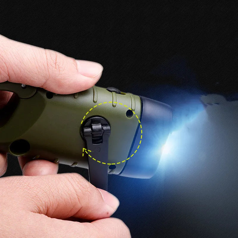 Hand-crank and solar powered olive green LED flashlight with USB charging port.