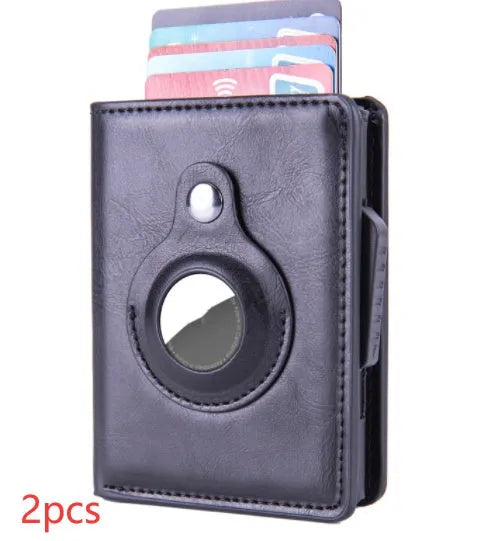 Automatic PU leather card wallet in Crazy Horse finish with anti-lost feature, card slots, and slim profile