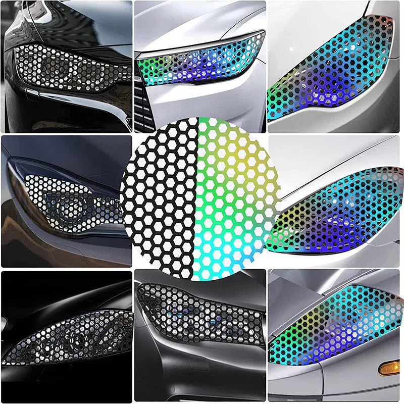 Honeycomb pattern vinyl sticker sheet for car taillights in black, carbon fibre, or colourful finish, 48cm by 30cm.