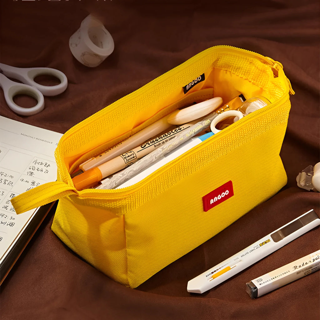 Large Oxford cloth pencil case with double zipper closure in dark blue, black, or yellow colour options.