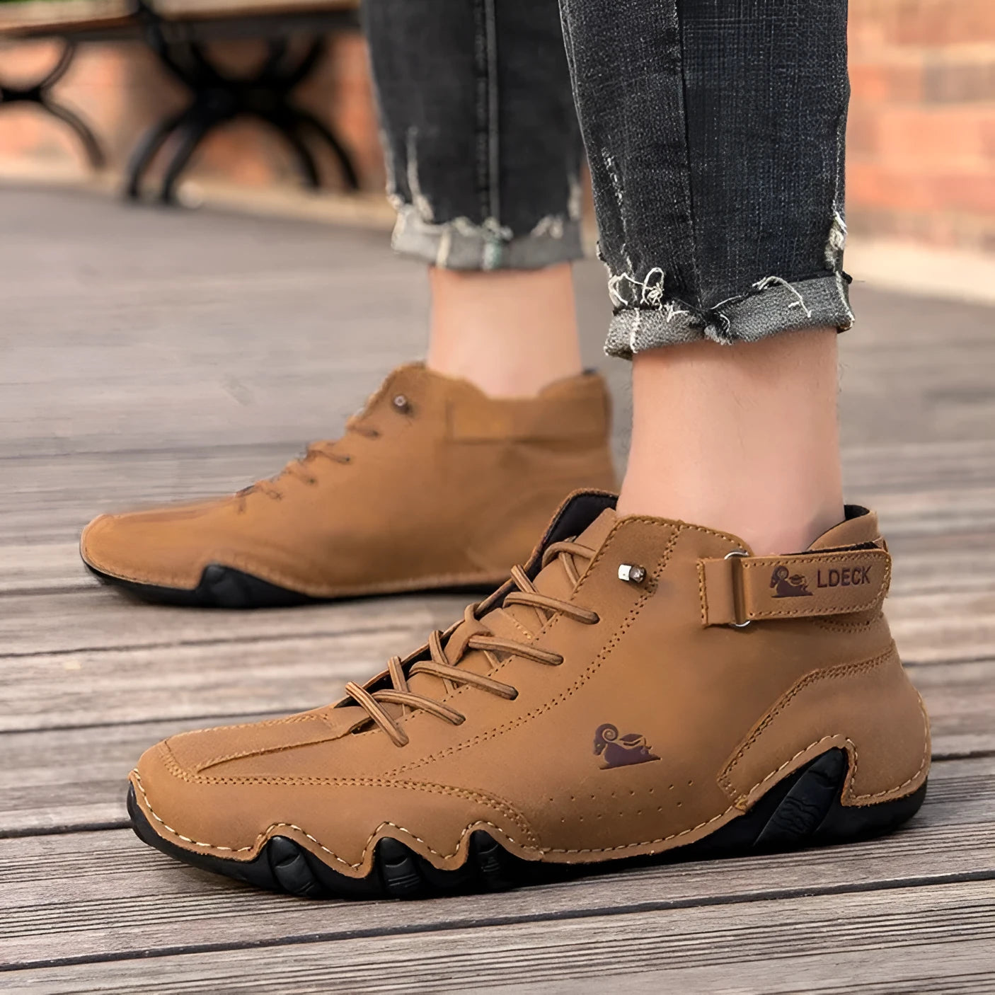 Men's khaki high top octopus boots with a rubber sole and textured microfiber upper.