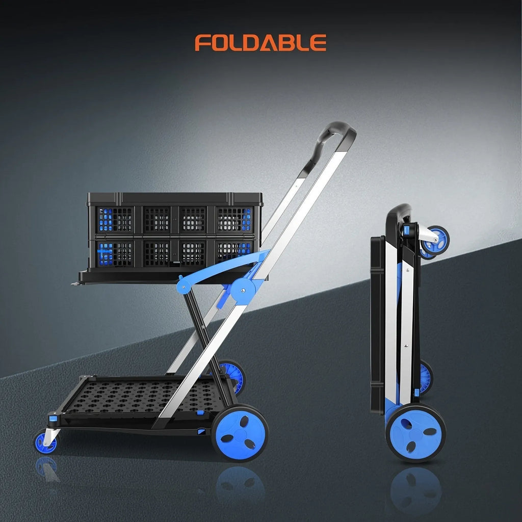 Foldable double-layer shopping cart shown in blue, purple, pink, and red colour options