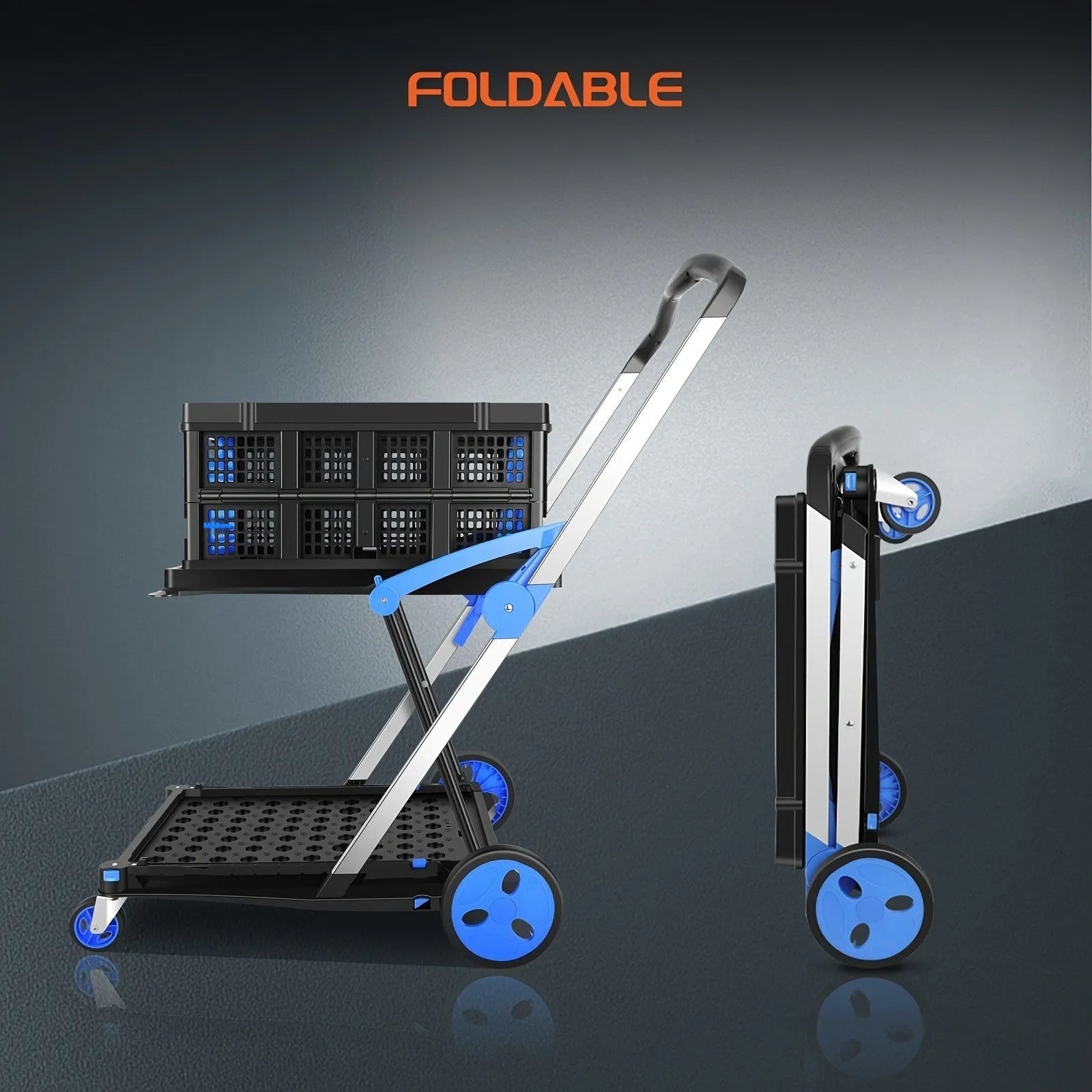 Foldable double-layer shopping cart shown in blue, purple, pink, and red colour options