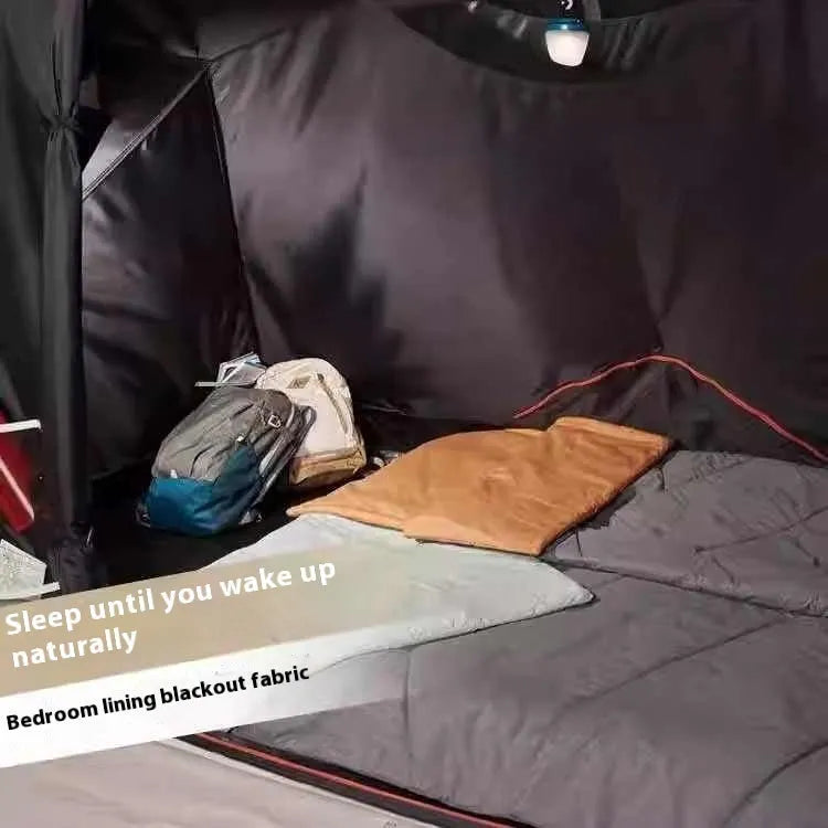 Inflatable camping tent for 4 people with hand pump, double-sheet rainproof design, polyethylene base, set up outdoors