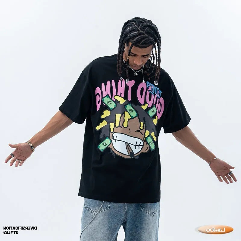 Men's pure cotton short sleeve t-shirt in white with cartoon print and loose fit