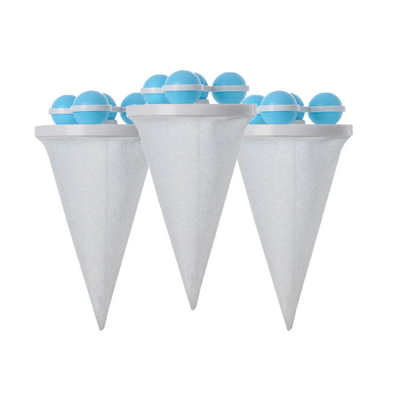 Set of three reusable pink blue and purple washing machine hair filter bags for pet lint removal.