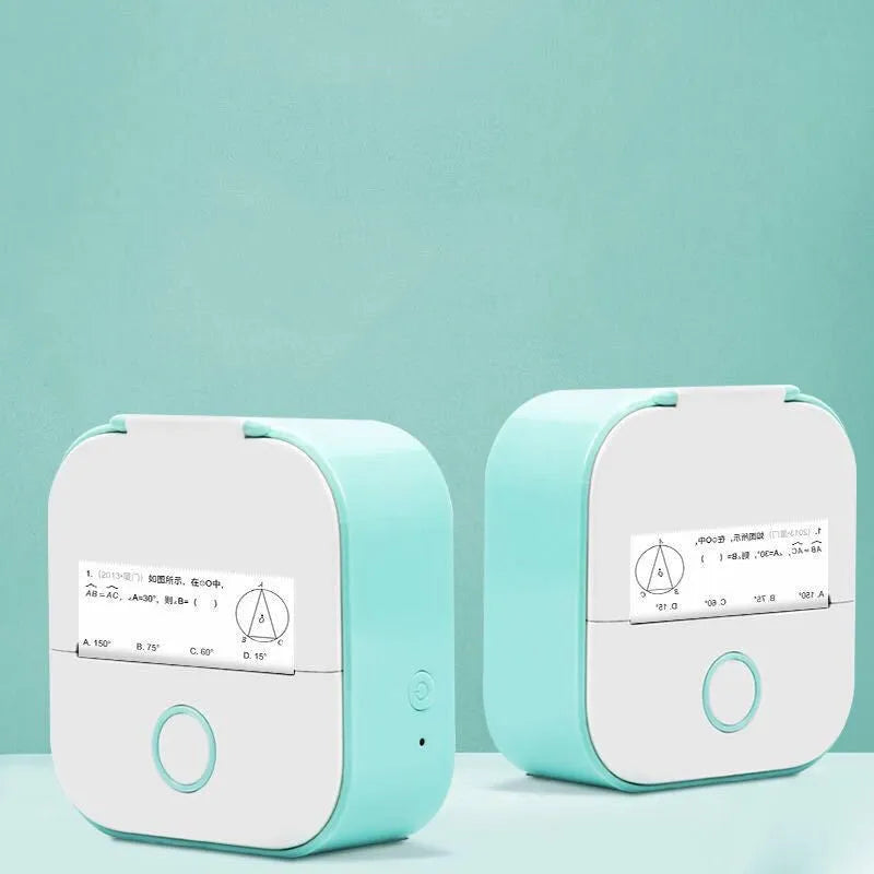 Phomemo T02 series portable mini thermal label printer in white and pink, with Bluetooth and USB charging