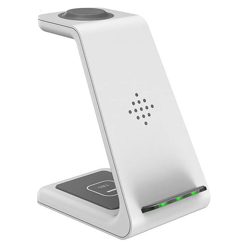 T3 wireless charging pad in black, white or grey colour next to UK or US fast charger plug for iPhone and Samsung phones.