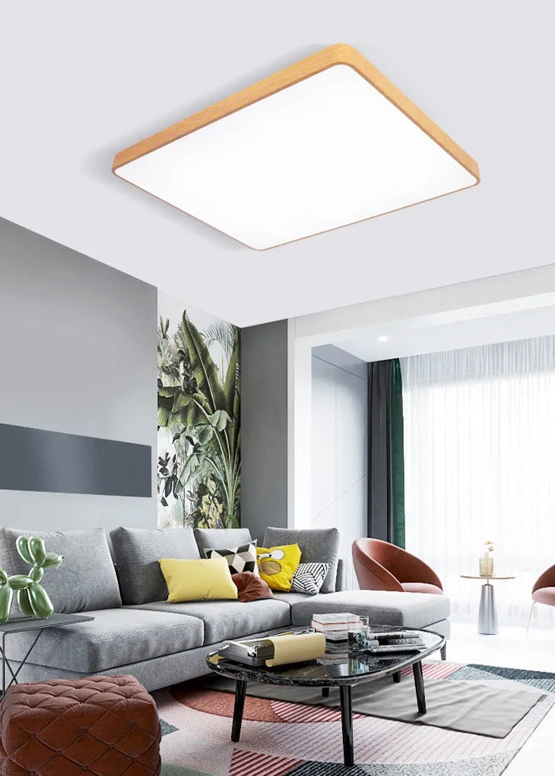 Nordic style square LED ceiling light with wood grain finish and smart dimming controls.