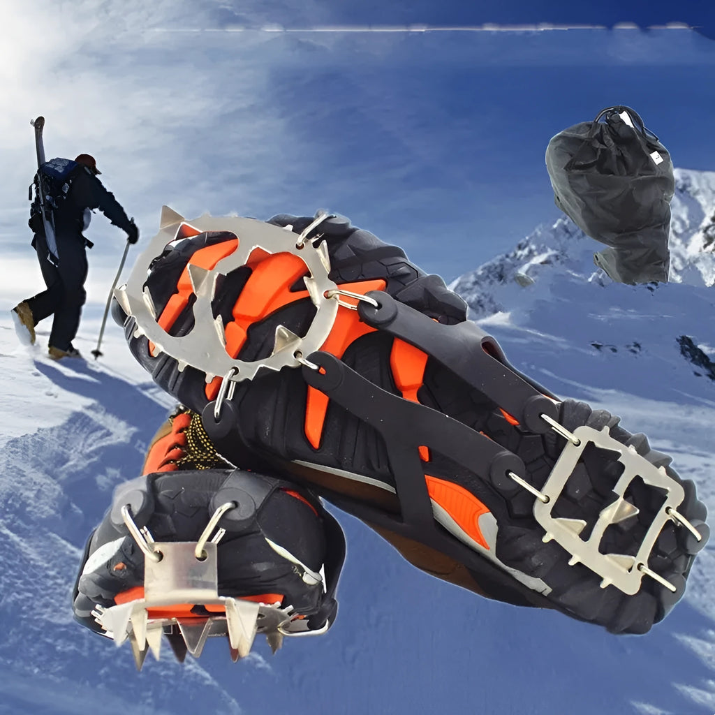 Reinforced non-slip crampons for shoes in black colour with large teeth, shown on a snowy surface