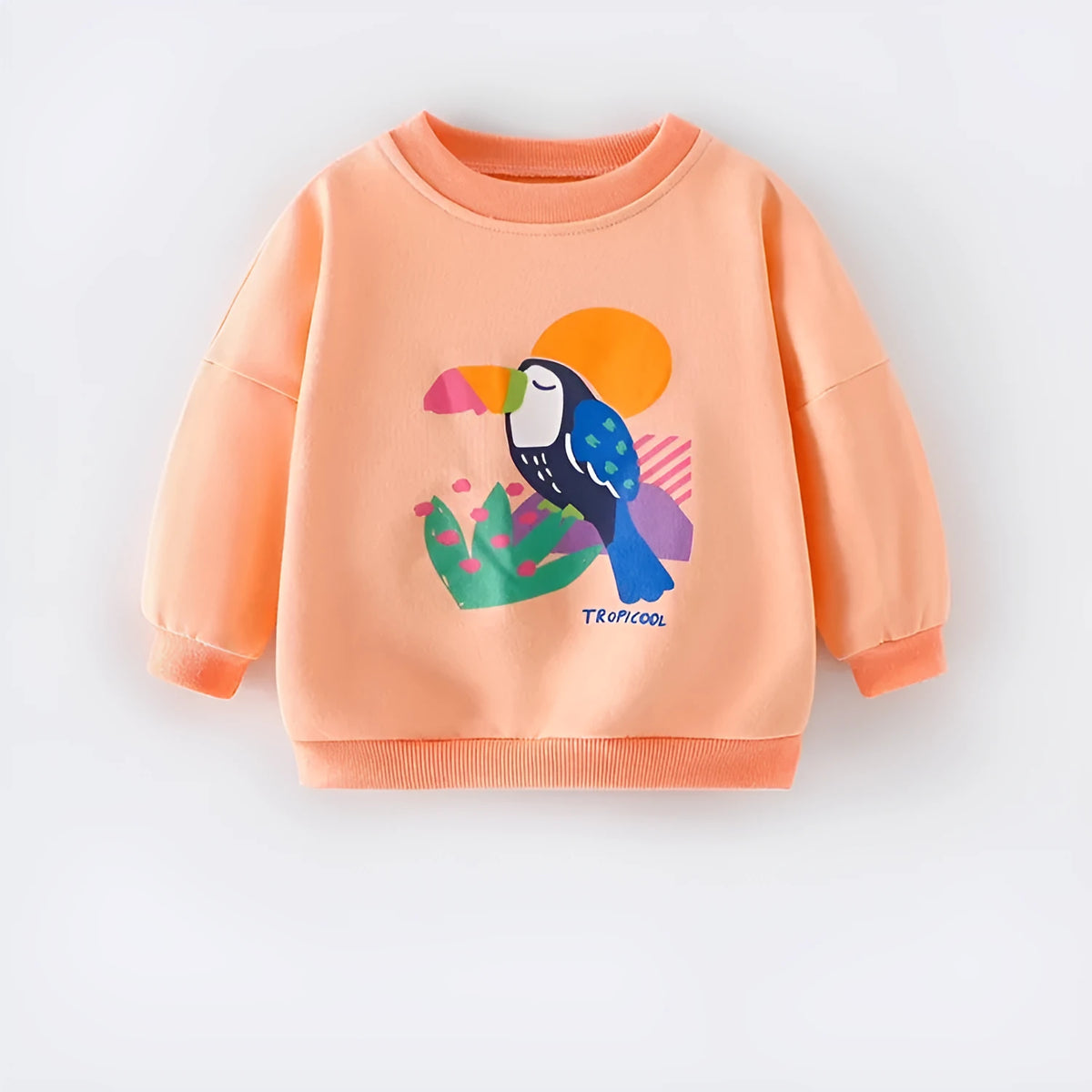 Girls' 100% cotton sweater coat with cartoon animal print and cotton lining, pullover style, no hood