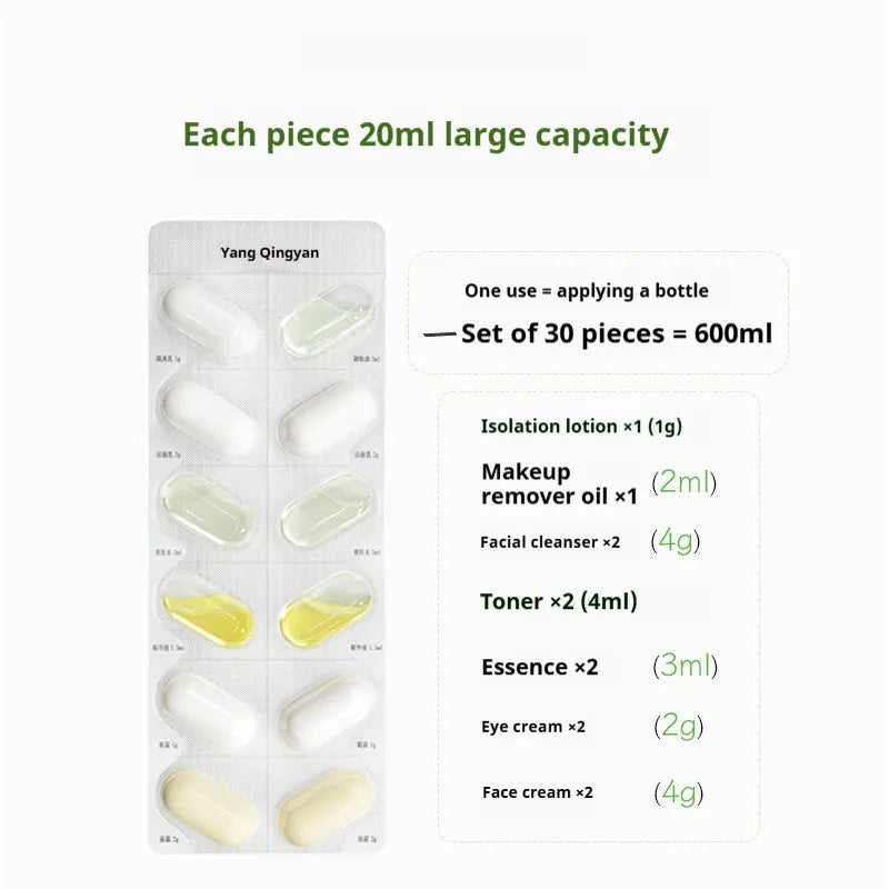 Disposable water emulsion sample travel set with 7 piece trial pack and essential oil for all skin types