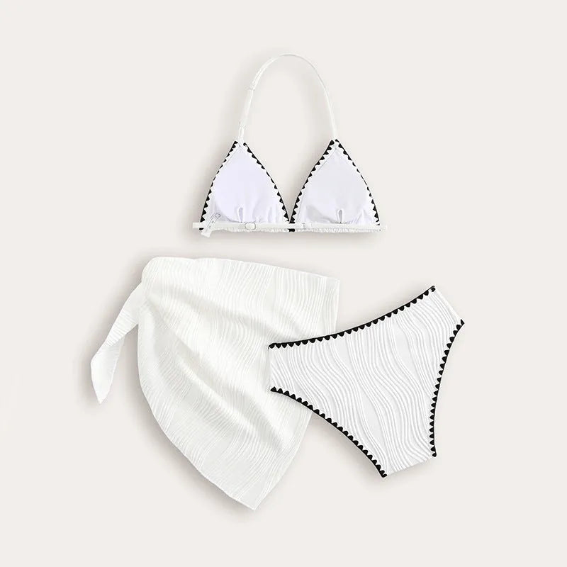 Girls white three-piece solid colour swimsuit set top pants and skirt for beach pool ages 8 to 12