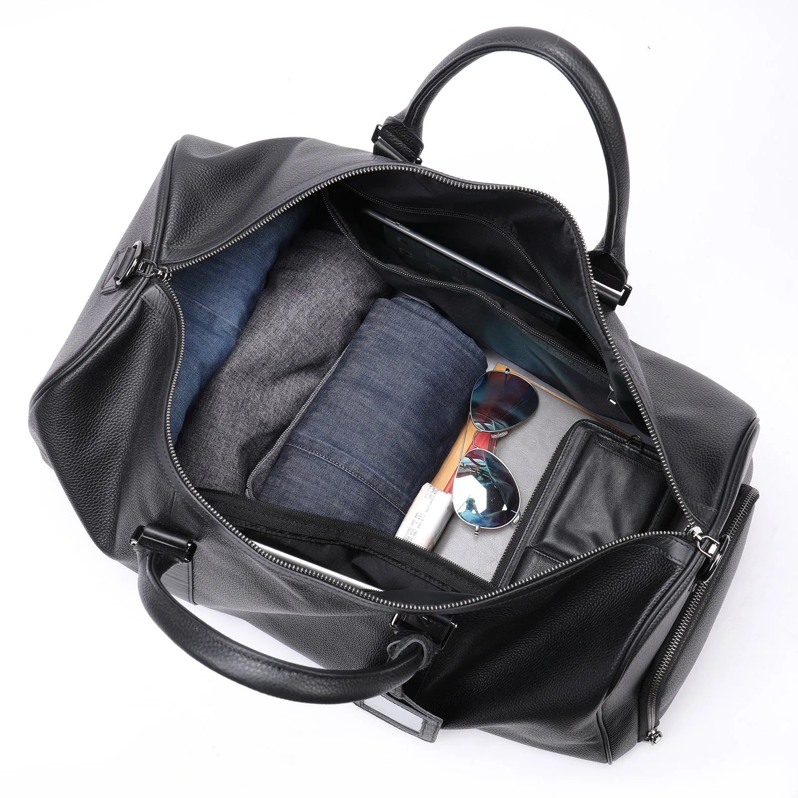 Men's large leather tote bag in black or coffee colour with single strap.