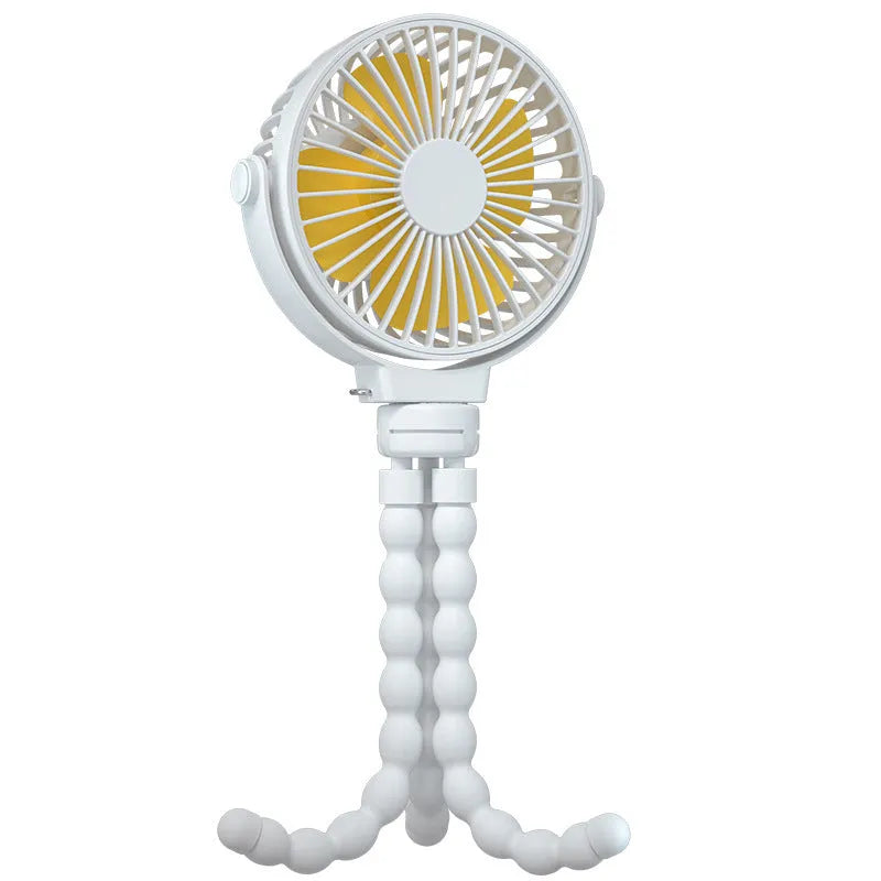 Black portable USB octopus fan with flexible tripod legs and clip, showing 360-degree rotation.