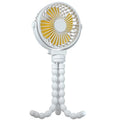 Black portable USB octopus fan with flexible tripod legs and clip, showing 360-degree rotation.